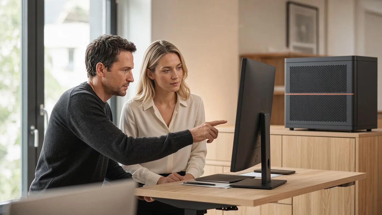 Zwei Mitarbeitende am Arbeitsplatz vor einem Monitor, daneben der lokale KI-Server auf dem Sideboard