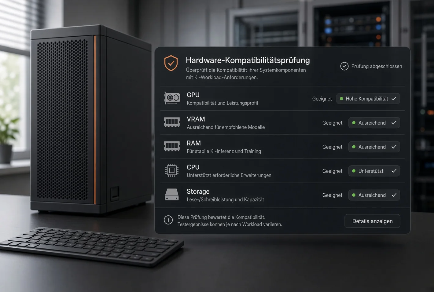 Oberfläche einer Hardware-Kompatibilitätsprüfung neben einem kompakten KI-Server im Büro