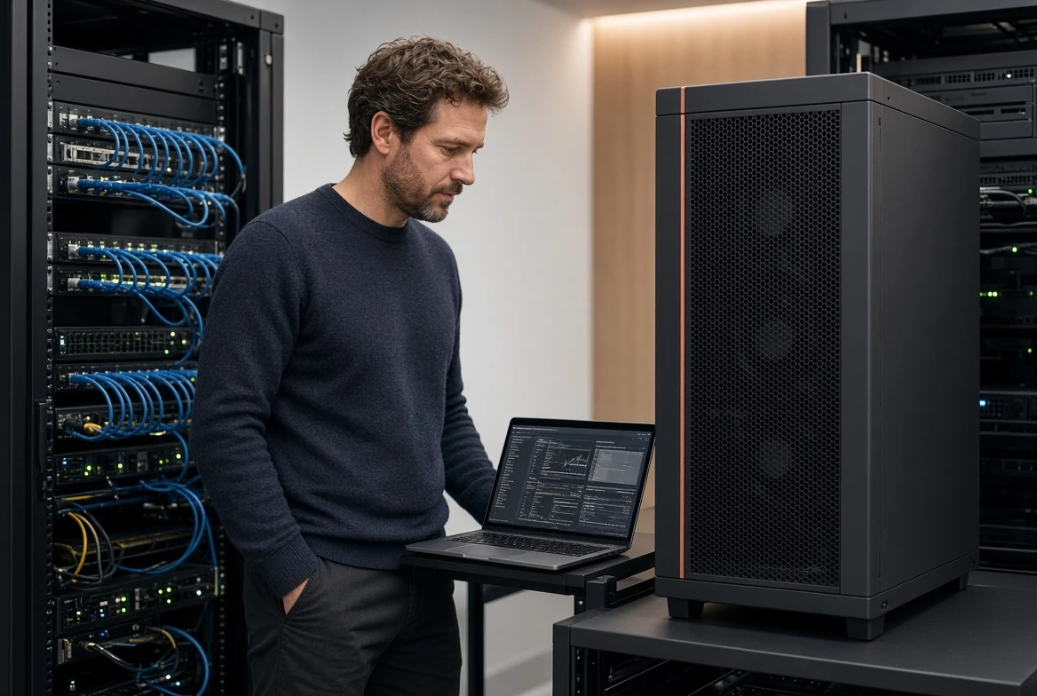 Techniker prüft ein KI-System am Notebook vor einem Netzwerkschrank